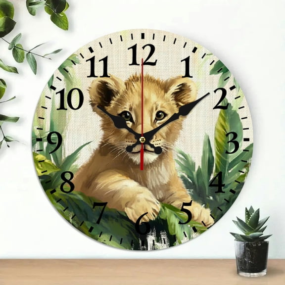 YILUYINQING Lion Cub Jungle Print Digital Painting Round Wooden Wall Clock Silent Mechanical Movement, Wall Decor for Living Room, Kitchen, Dorm, Perfect Everyday Gift 10x10in