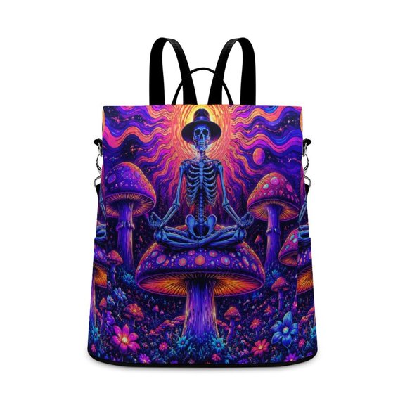YILUYINQING Meditation Skeleton Hat Colorful Mushroom Cosmic Wall Art Anti Theft Backpack, Purse for Women, Secure Back Zipper, Multi-Purpose Rucksack Backpack With Adjustable Strap, Womens Travel Ba