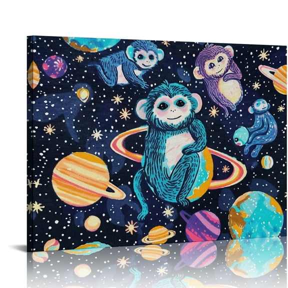 YILUYINQING Monkeys Planets Space Canvas Prints Wall Art for Home Decor, Ready To Hang Room Art Decor 16x12in