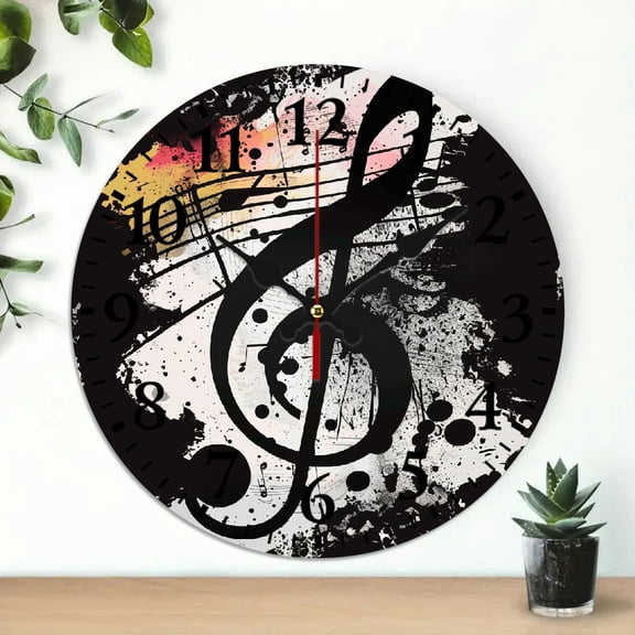 YILUYINQING Musical Note Paint Splatters Grunge Wall Clock for Living Room Decor, 10 Inches, Easy-to-Read, Stylish Design 10x10in