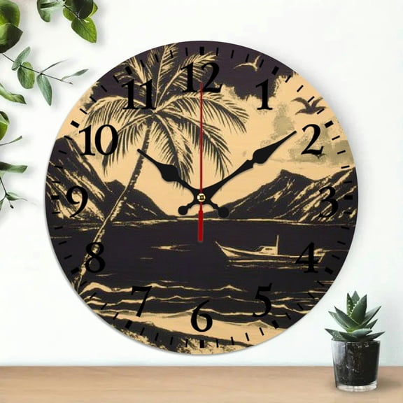 YILUYINQING Palm Tree Mountains Boat Theme Wall Clock, 10-Inch Round Wooden Wall Clock for Home Decor 10x10in