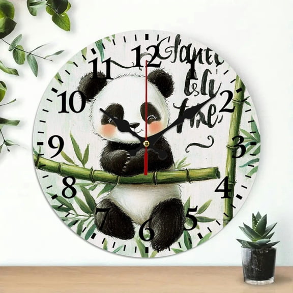 YILUYINQING Panda Bamboo Girl Wall Clock Wall Hanging Decor, Silent Mechanical Movement for Living Rooms, Kitchens, Dorms, Everyday Gifts 10x10in