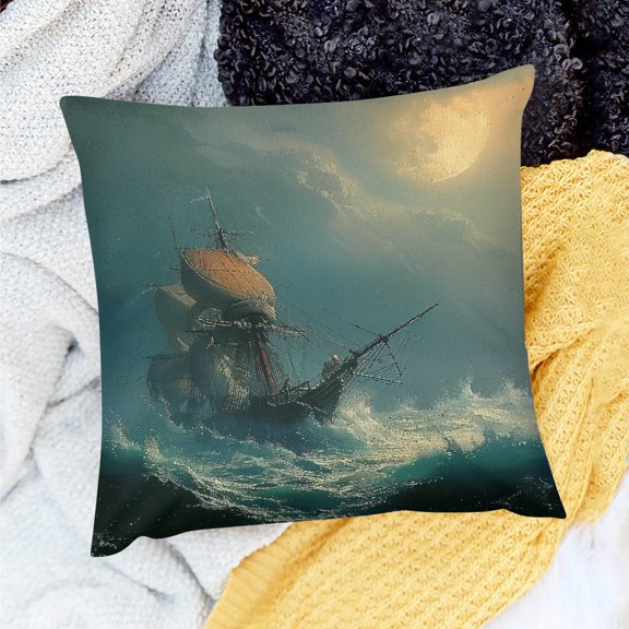 YILUYINQING Party Decor Birthday Gift Linen Ship Rough Seas Full Moon Pillow Case 24x24in