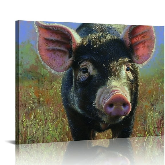 YILUYINQING Pig Grass Field Printed Canvas Wall Art for Home Decor, Ready To Hang Room Art Decoration 16x12in
