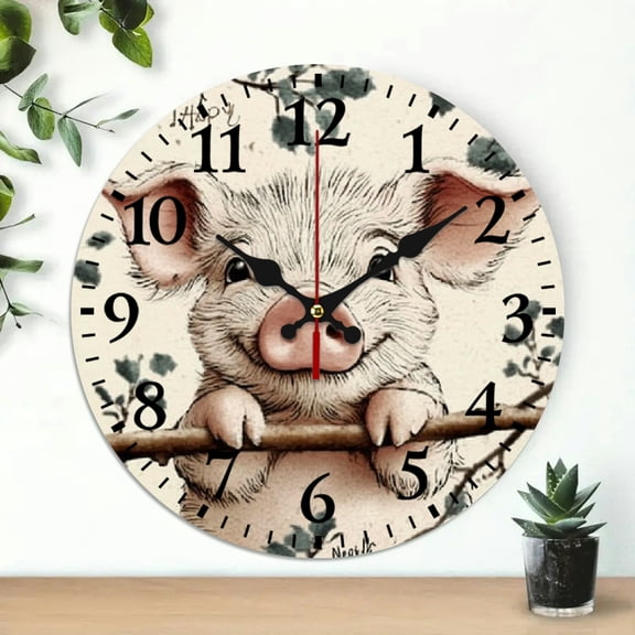 YILUYINQING Pig Theme Round Wooden Wall Clock, 10 Inch Perfect for Living Rooms, Kitchens, Dorms, Practical Everyday Gifts 10x10in