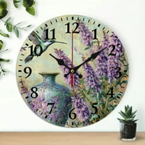 YILUYINQING Purple Flowers Hummingbird Round Wooden Wall Clock for Home Decor Wall Hanging, Battery Operated, Perfect for Living Rooms, Kitchens, Dorms 10x10in