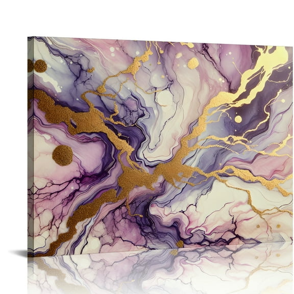 YILUYINQING Purple Hues Marbling Effect Gold Lines Canvas Wall Art Decor For Bedroom Kitchen Ready To Hang - Home Art Decor Prints 20x16in