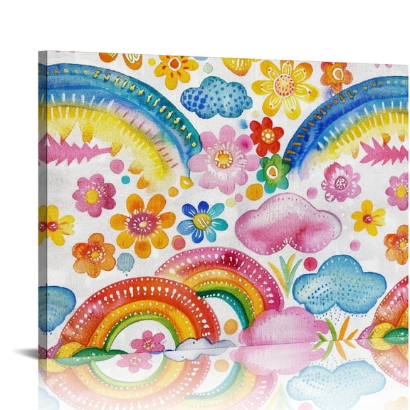 YILUYINQING Rainbow Pattern Clouds Flowers Wall Art Decor for Bedroom Kitchen, Canvas Prints Ready To Hang Home Room Art Decor 16x12in