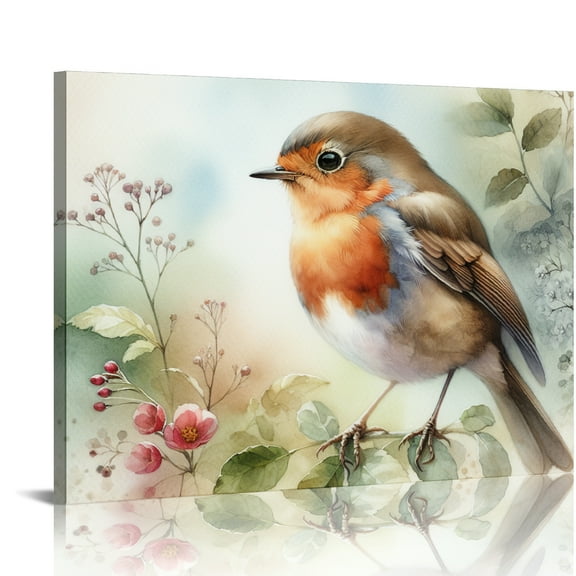 YILUYINQING Robin Bird Flowers Canvas Prints Wall Art Decor for Bedroom & Kitchen, Bathroom - Ready To Hang Home Room Decoration 16x12in