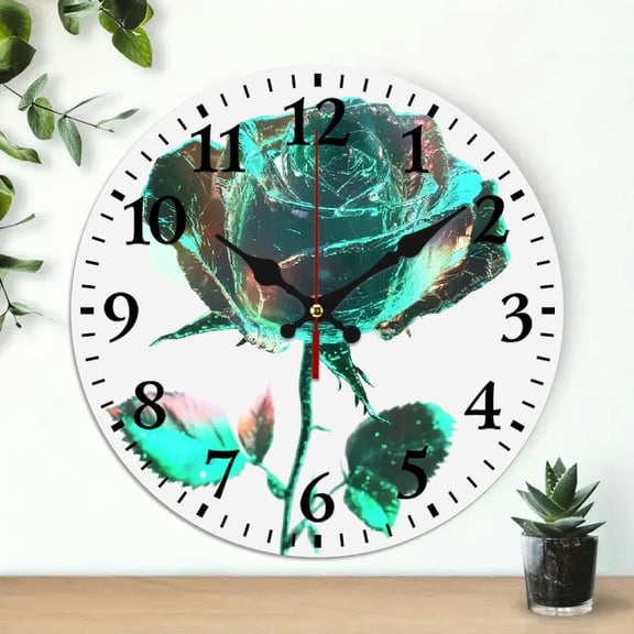 YILUYINQING Rose Hologram Round Wooden Wall Clock Battery Operated for Decor, 10-Inch, Ideal for Living Rooms, Kitchens, and Dorms 10x10in
