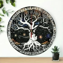 YILUYINQING Round Wooden Wall Clock for Home Decor, Tree of Life Stars Moon Print, Silent Mechanical Movement, Ideal for Living Rooms, Kitchens, Dorms, Everyday Gifts 10x10in