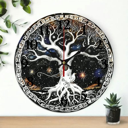 YILUYINQING Round Wooden Wall Clock for Home Decor, Tree of Life Stars Moon Print, Silent Mechanical Movement, Ideal for Living Rooms, Kitchens, Dorms, Everyday Gifts 10x10in
