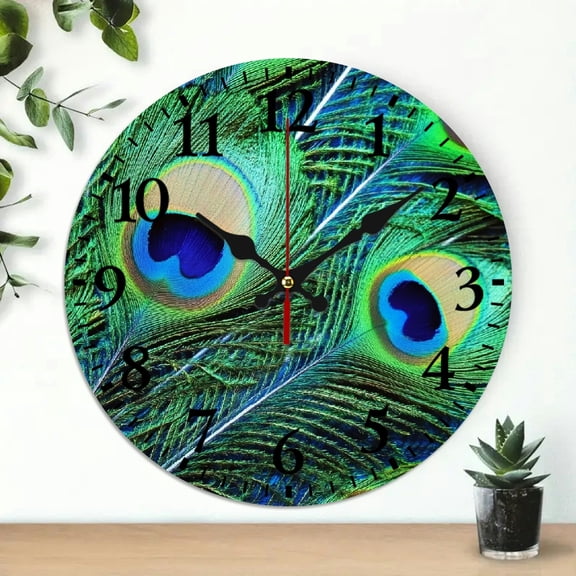 YILUYINQING Round Wooden Wall Clock with Peacock Feathers Print, Wall Art Decor for Living Rooms, Kitchens, Dorms, Perfect Everyday Gifts, 10 Inches 10x10in