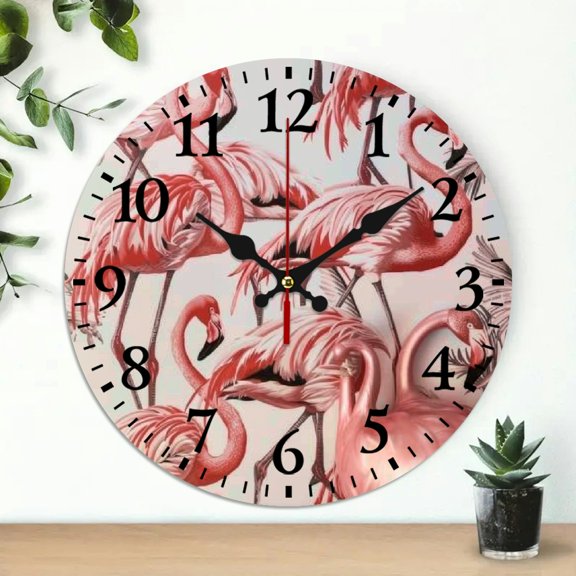 YILUYINQING Round Wooden Wall Clock with Flamingo Flock Print, Battery Operated - Perfect for Living Rooms, Kitchens, Dorms 10x10in