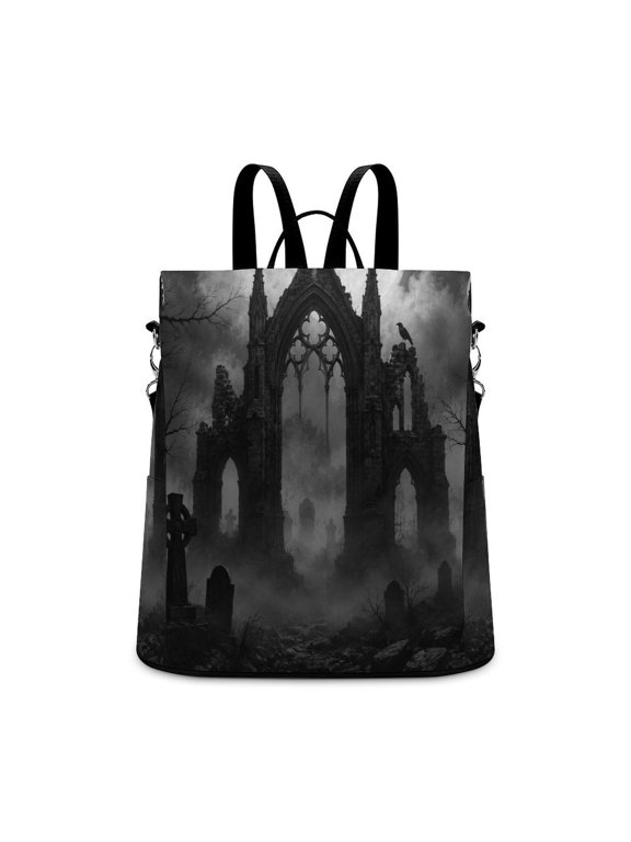 Ruined Church Cemetery Raven Full Moon Fog Black White Wall Art Anti Theft Backpack, Purse for Women, Secure Back Zipper, Multi-Purpose Rucksack Backpack With Adjustable Strap, Womens Tra