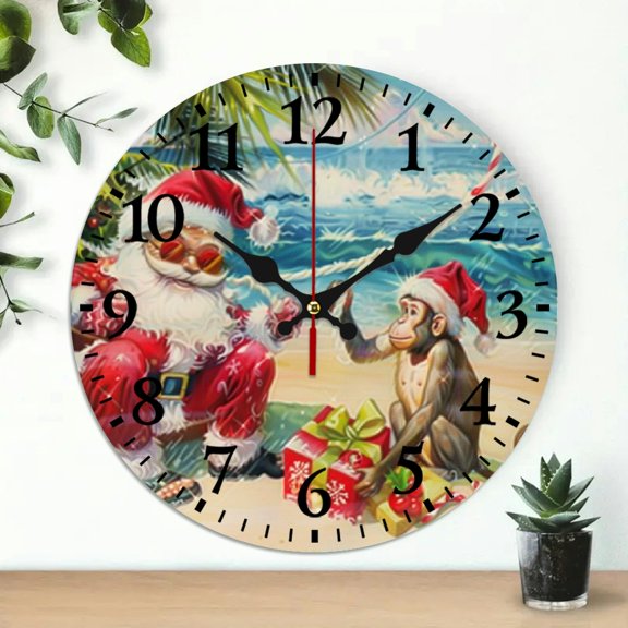 YILUYINQING Santa Claus Beach Monkey Round Wooden Wall Clock for Home Decor Living Room Kitchen Dorm Battery Operated 10 Inches 10x10in