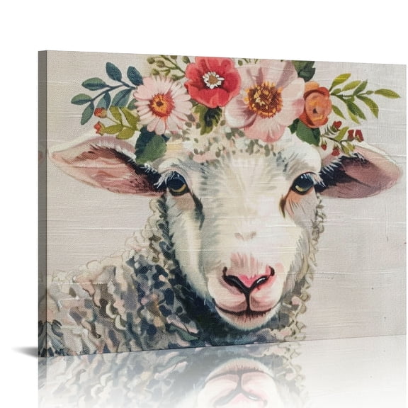 YILUYINQING Sheep Flower Crown Canvas Wall Art Decor for Bedroom Kitchen, Ready To Hang Home Room Decor, Great Gift Idea 16x12in