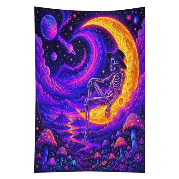 YILUYINQING Skeleton Hat Crescent Moon Colorful Mushroom Space Wall Art Tapestry, Vertical Print Wall Hanging Tapesties for Bedroom Dorm Living Room, Aesthetic Home Decor for Adults And Family,