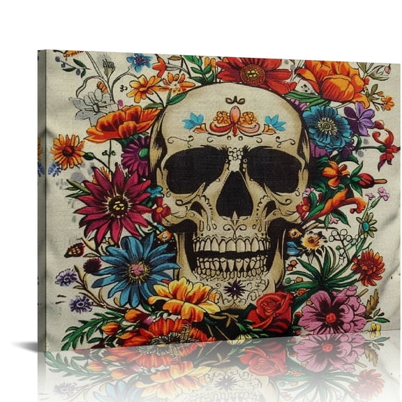 YILUYINQING Skull Flowers Day of the Dead Art Modern Canvas Prints Wall Decor for Home Bedroom Kitchen Bathroom Ready to Hang Room Art Decor 20x16in