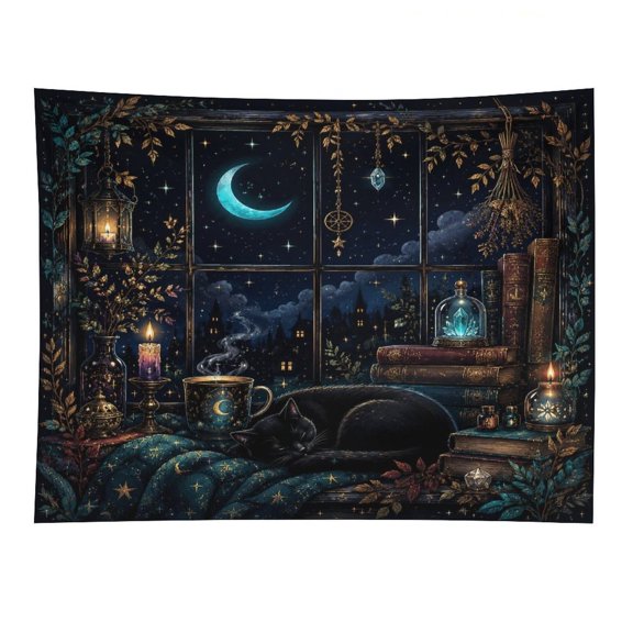 YILUYINQING Sleeping Black Cat Window Nook Witch Books Cup Crescent Moon Starry Night Tapestry, Polyester Print Wall Hanging Tapesties for Bedroom Dorm Living Room, Aesthetic Home Decor for Adults A