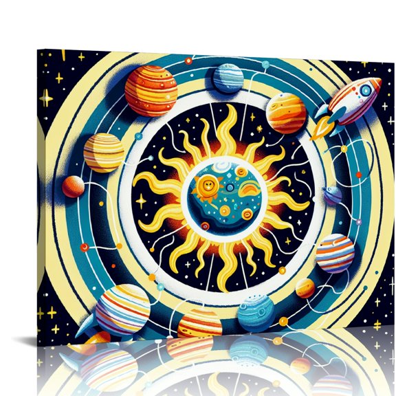 YILUYINQING Solar System Planets Rocket Ship Print on Canvas Wall Decor, Ready to Hang Home Art Decor Theme 16x12in