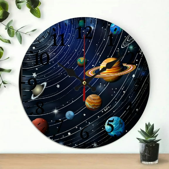 YILUYINQING Solar System Planets Stars Wooden Wall Clock 10 Inch Decor 10x10in
