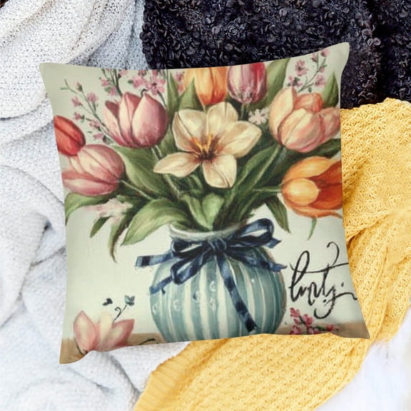 YILUYINQING Spring Summer Gnome Decorative Throw Pillow Covers Tulip Flower Mason Jar Gather Bloom Cushion Case Decor, Floral Pot Butterfly Seasonal Home Decoration for Sofa Couch 18x18in