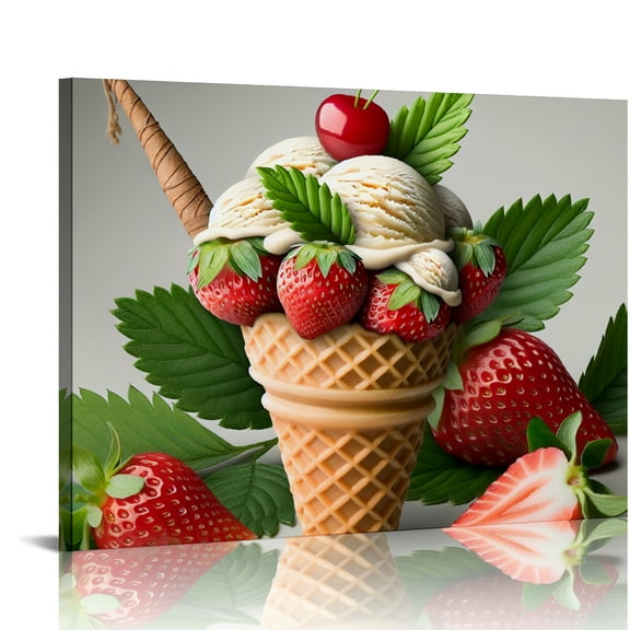 YILUYINQING Strawberries Ice Cream Cones Canvas Wall Art Decor For Bedroom Kitchen Ready To Hang Room Home Art Decor 16x12in