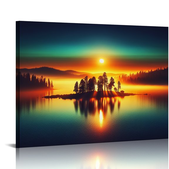 YILUYINQING Sunset Lake Mist Canvas Print Wall Art Decor Ready To Hang Modern Room Home Art Decor 20x16in