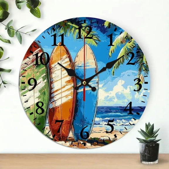 YILUYINQING Surfboards Palm Trees Beach Theme Round Wooden Wall Clock for Home Decor, 10 Inch - Perfect for Living Rooms, Kitchens, Dorms 10x10in