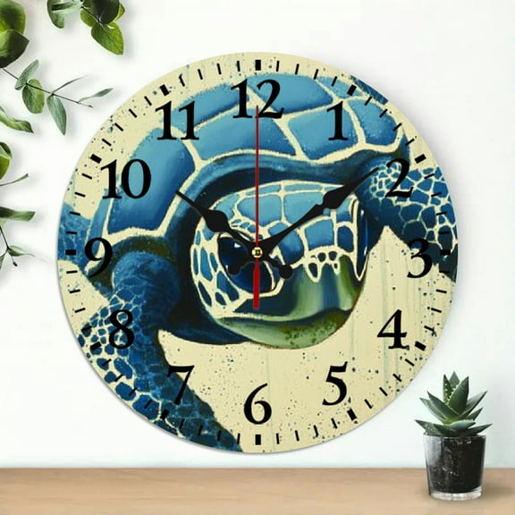 YILUYINQING Turtle Airbrush Painting Theme Round Wooden Wall Clock, 10 Inch for Home Decor in Living Rooms, Kitchens, Dorms - Practical Everyday Gift 10x10in