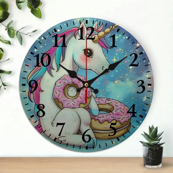 YILUYINQING Unicorn Donut Sky Wooden Wall Clock Battery Operated Silent Mechanical Movement 10 Inches Perfect for Living Rooms, Kitchens, Dorms, Everyday Gifts 10x10in