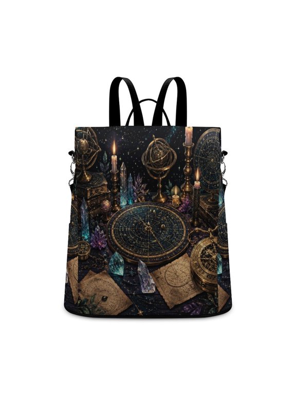 Vintage Astrology Tools Crystal Candle Full Moon Starry Constellation Sky Anti Theft Backpack, Purse for Women, Secure Back Zipper, Multi-Purpose Rucksack Backpack With Adjustable Strap,