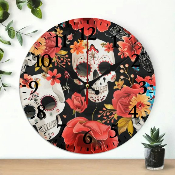 YILUYINQING Wall Clock Skulls Flowers Hello Print Silent Mechanical Movement for Living Rooms Kitchens Dorms Everyday Gifts 10x10in