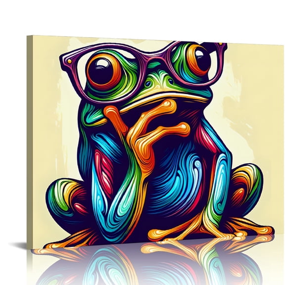 YILUYINQING Whimsical Frog with Colorful Glasses Art Modern Canvas Prints Wall Decor for Home Bathroom, Ready To Hang 16x12in