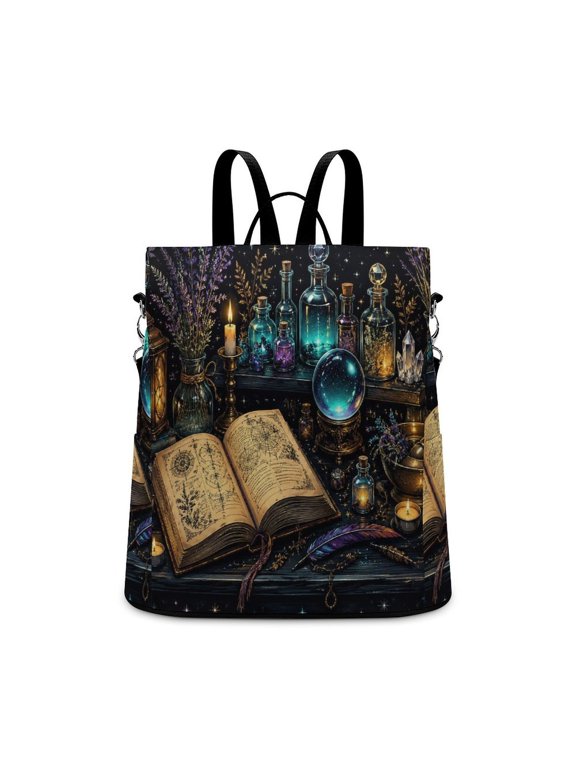 Witch Spell Table Crystal Ball Potion Bottles Crescent Moon Starry Sky Anti Theft Backpack, Purse for Women, Secure Back Zipper, Multi-Purpose Rucksack Backpack With Adjustable Strap, Wom