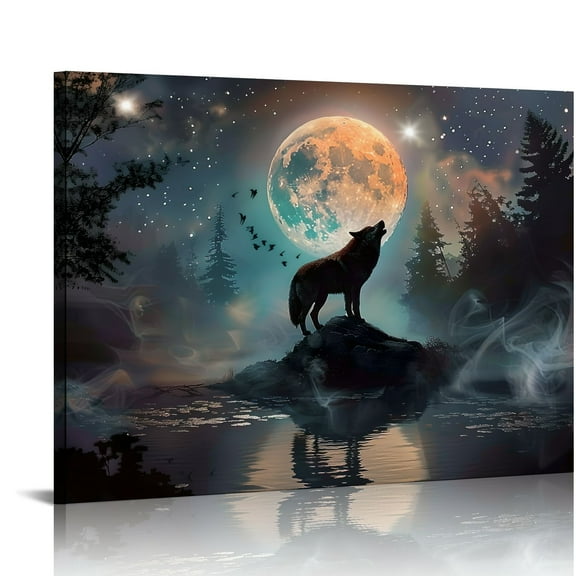 YILUYINQING Wolf Full Moon Gothic Art Canvas Print Wall Decor 16x12in