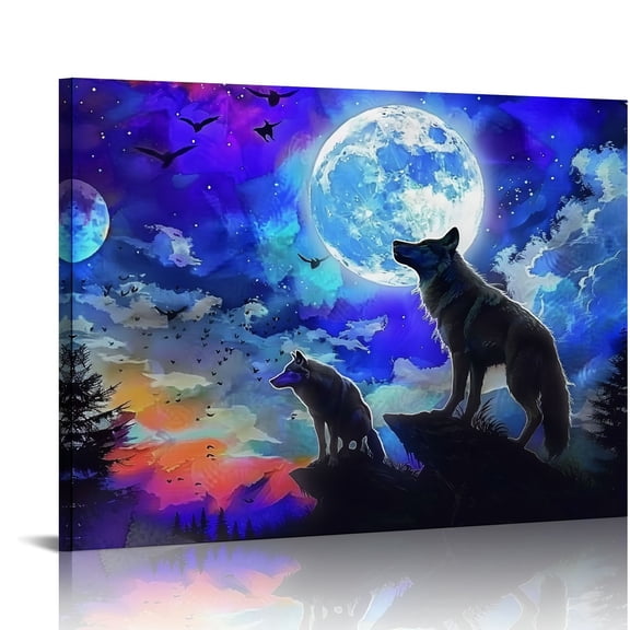 YILUYINQING Wolfs Night Sky Full Moon Print Canvas Wall Art 20x16in