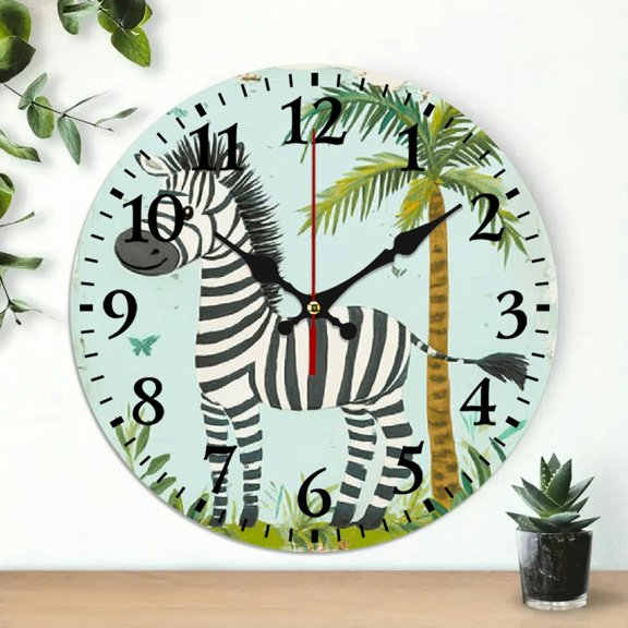 YILUYINQING Zebra Grass Palm Tree Theme 10-Inch Round Wooden Wall Clock for Home Decor - Ideal for Living Rooms, Kitchens, Dorms, and Everyday Gifts 10x10in