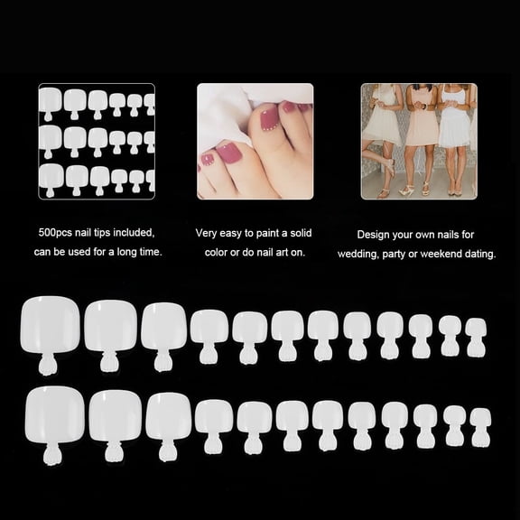 YIMART 500Pcs Fake Toenail Tips Set Nail Art Toe Decoration Full Cover False Toe Nail Tips for DIY Salon Foot Manicure Sticker Tools (White)