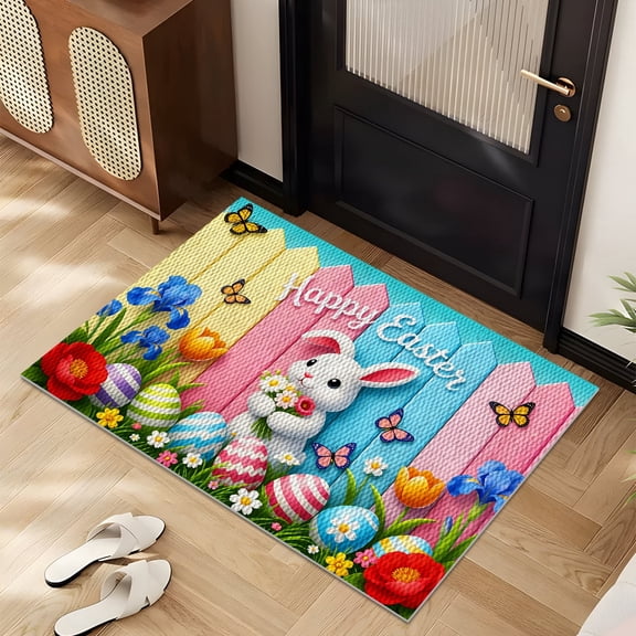 YIMEIS 1PC Happy Easter Bunny Flower Butterfly Egg Pineapple Circle Multi-Scene Indoor Floor Rug Anti-Slip Absorbent Durable for Kitchen Bathroom Living Room