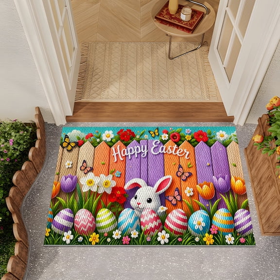 YIMEIS 1PC Happy Easter Bunny Flower Egg Butterfly Pineapple Circle Home Comfort Floor Mat Non-Slip Absorbent Wear-Resistant for Kitchen Sink Laundry Doorway