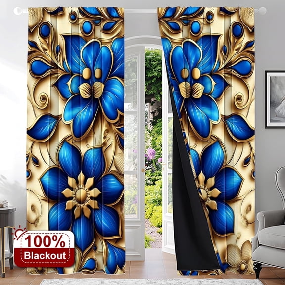 YIMEIS 2PCS Curtains Luxurious blue and gold floral pattern Thermal Blackout Curtains Rod Pocket for Bedroom Living Room Office