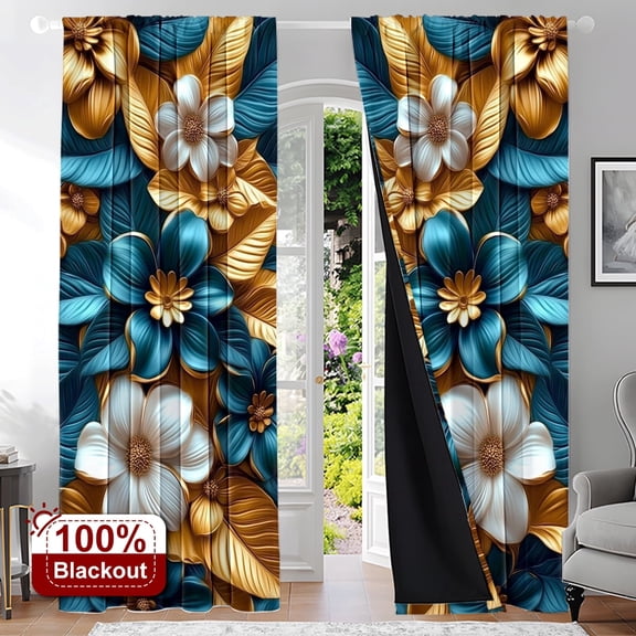 YIMEIS 2PCS Curtains Luxurious golden blue flower Privacy Light Blocking Curtain Panels for Bedroom Living Room Kitchen