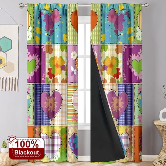 YIMEIS 2PCS Curtains Romantic heart patchwork Blackout Rod Pocket Curtains for Bedroom Living Room Nursery