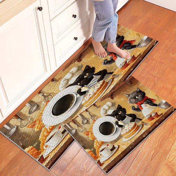 YIMEIS 2Pcs Cat Baking Festival Pineapple Circle All-Purpose Household Floor Mat Non-Slip Absorbent Wear-Resistant for Kitchen Entryway Bathroom