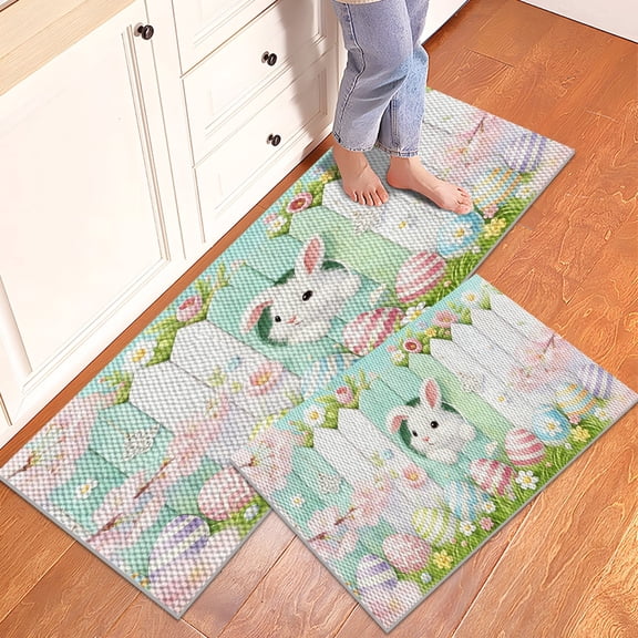 YIMEIS 2Pcs The Easter Bunny Pineapple Circle TPR Non-Slip Backing Floor Mat Waterproof Absorbent for Kitchen Entryway Bathroom Hallway