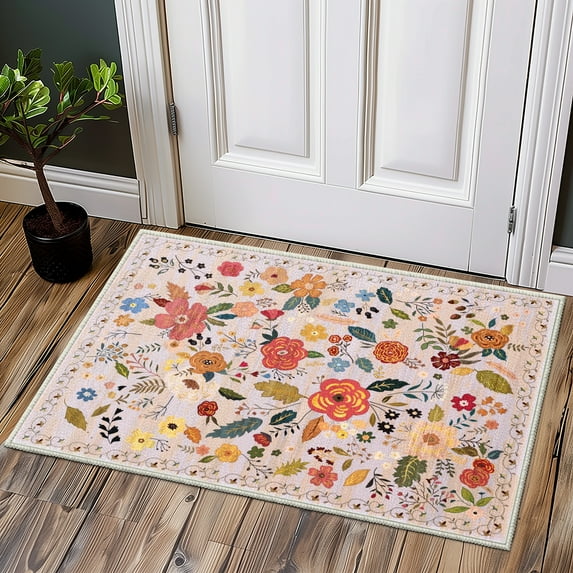 YIMEIS 2X3 Flower Area Rugs for Living Room, Non Slip Machine Washable Retro Rugs, Low Pile Chenille Print Rug for Bedroom, Dining Room, Home Office