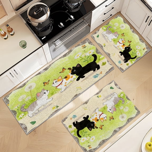YIMEIS 3Pcs Cat Butterfly Garden Durable Wear-Resistant Kitchen Rug with Pineapple Circle Grid for Home Multiple Occasions