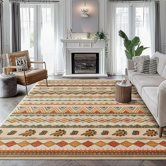 YIMEIS 8X10 Bohemia Area Rugs for Living Room, Non Slip Machine Washable Retro Rugs, Low Pile Chenille Print Rug for Bedroom, Dining Room, Home Office